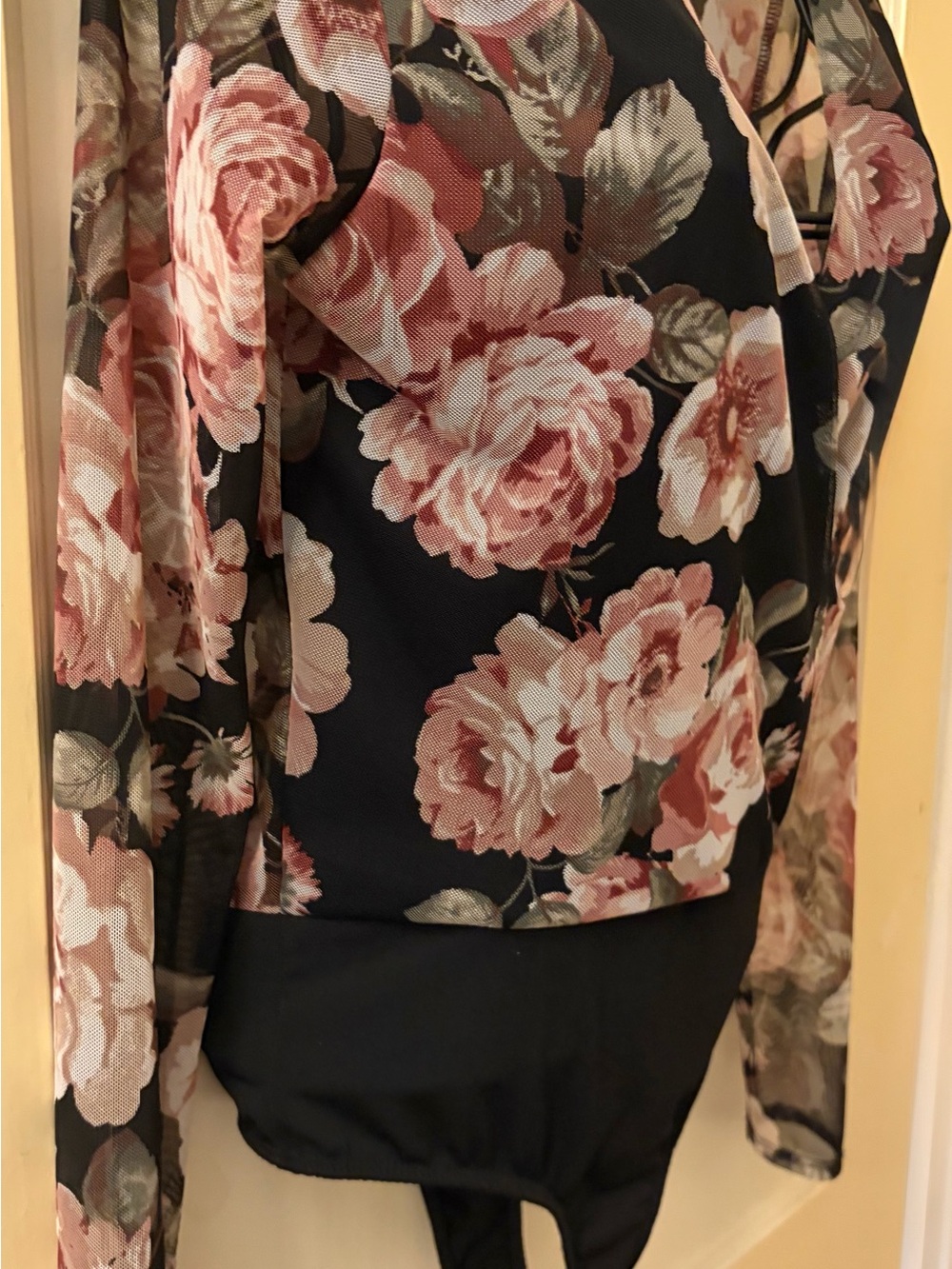 Black Floral Wrap-Front Long-Sleeve Bodysuit - Picture 6 of 8